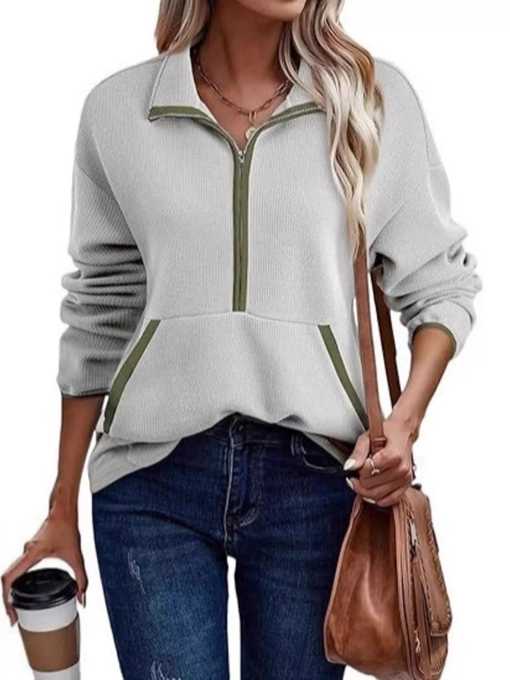 Light Gray Half-zip dropped shoulder sweatshirt with contrast trim