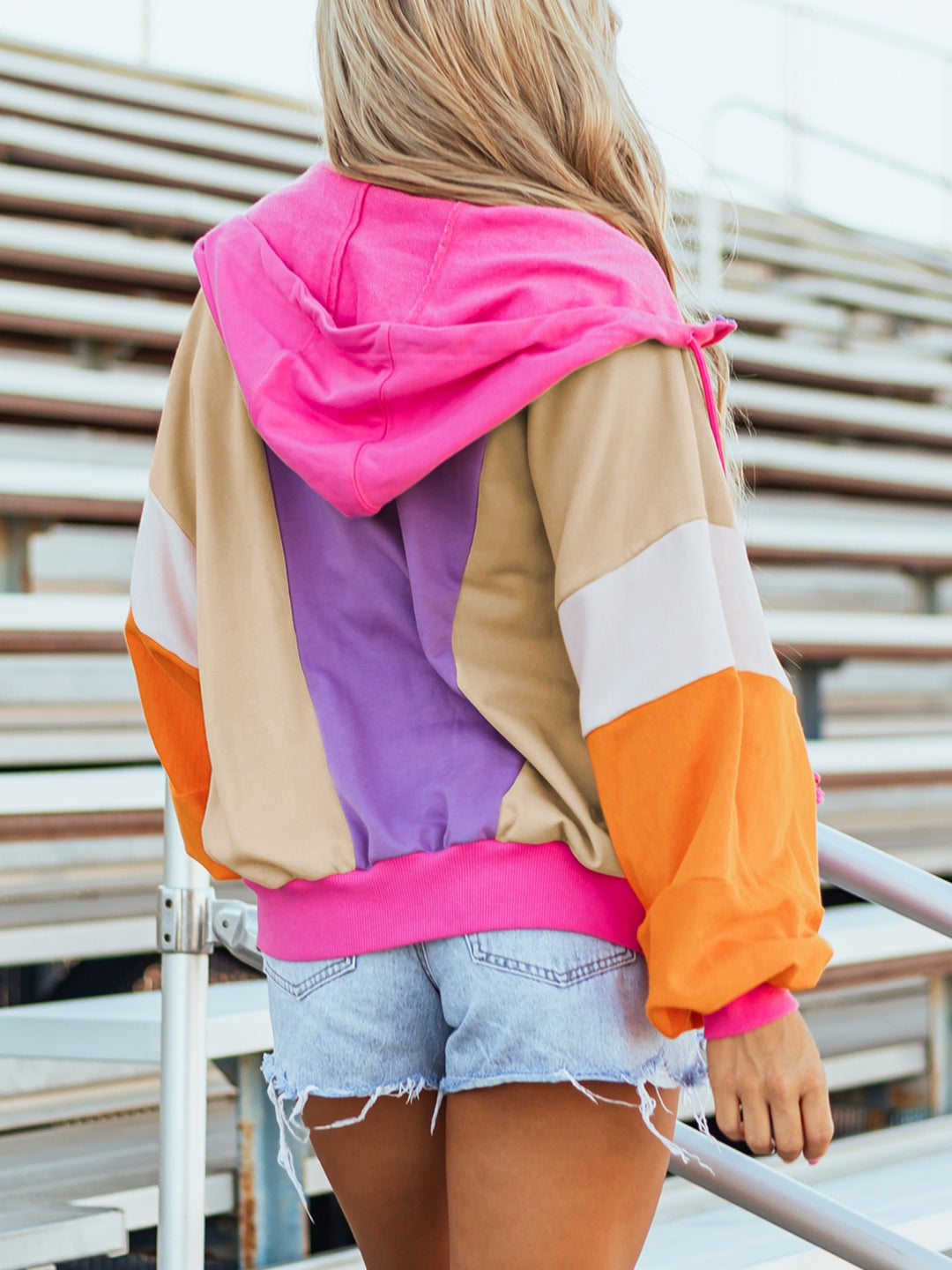 Color block zip-up hoodie with drawstring hood