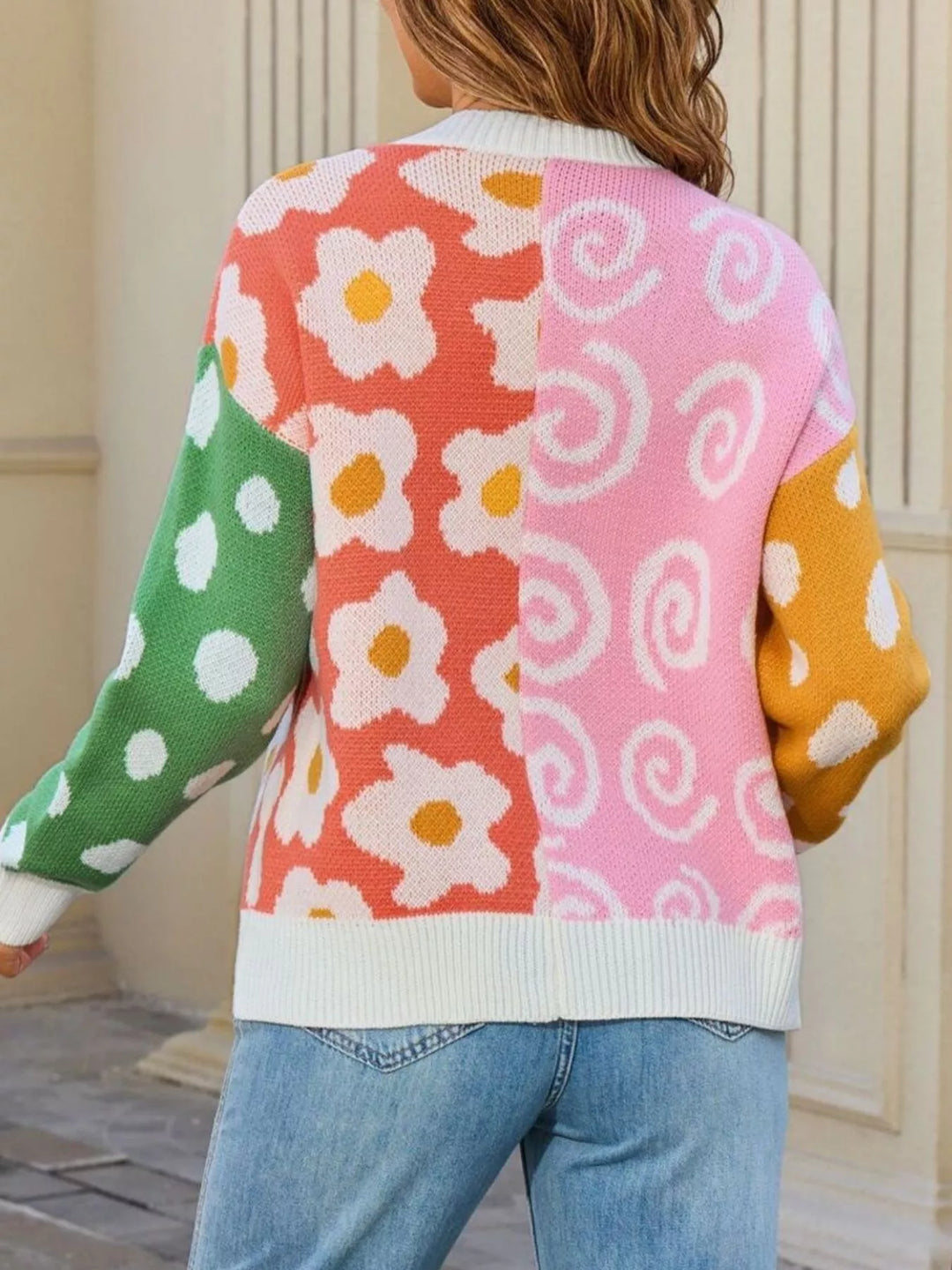 Floral colorblock open-front knit cardigan
