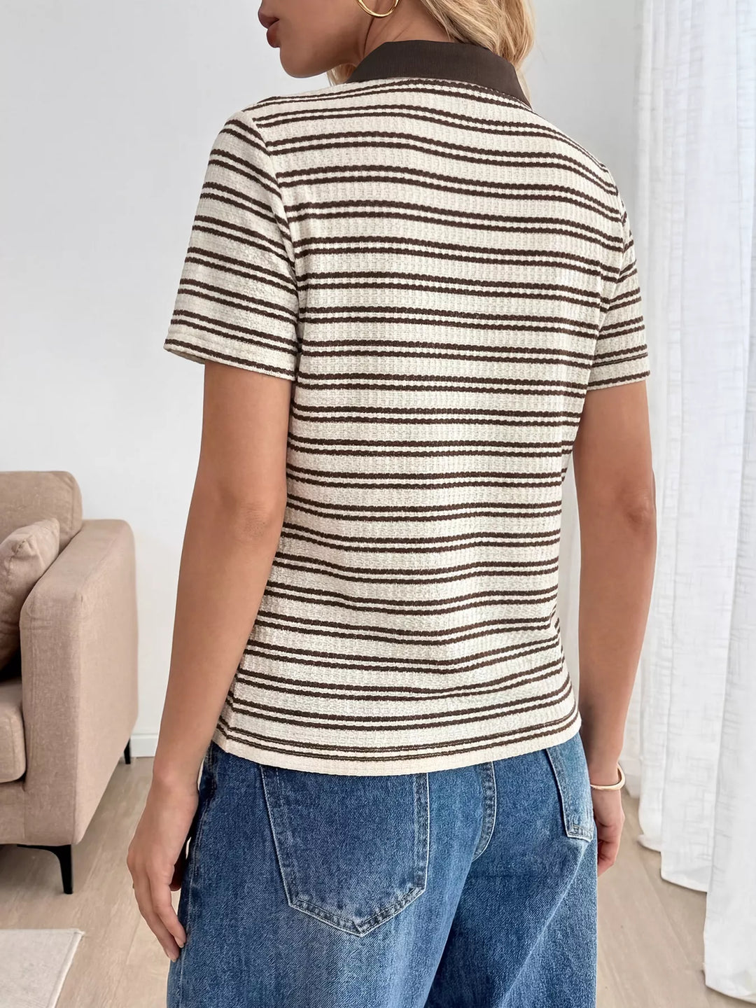 Striped textured knit top with contrast polo collar
