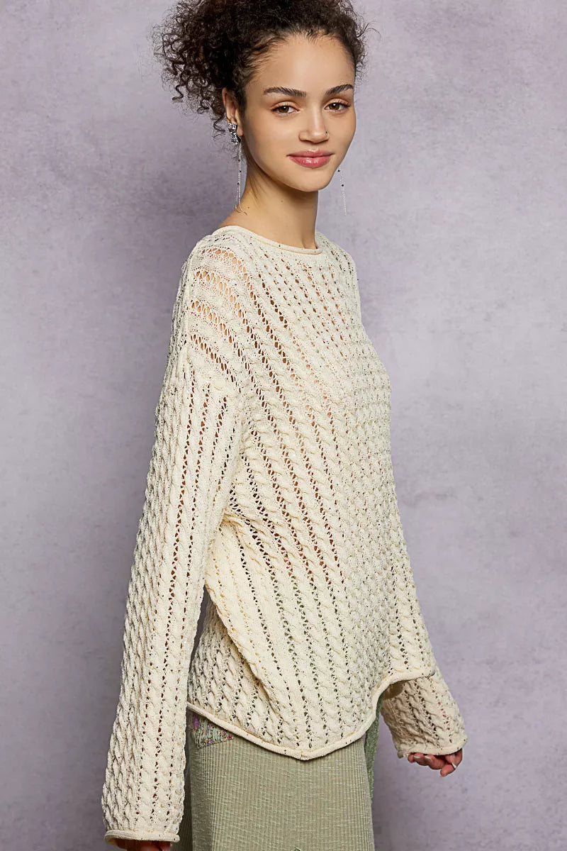 Openwork pointelle knit sweater with shimmer detail
