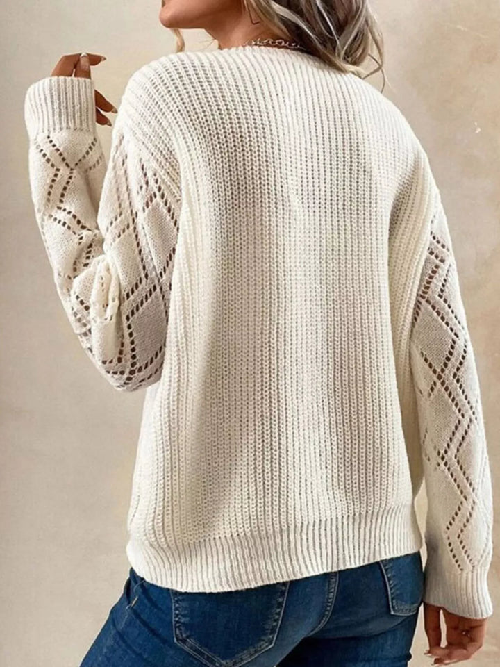 Openwork diamond sleeve ribbed knit V-neck sweater