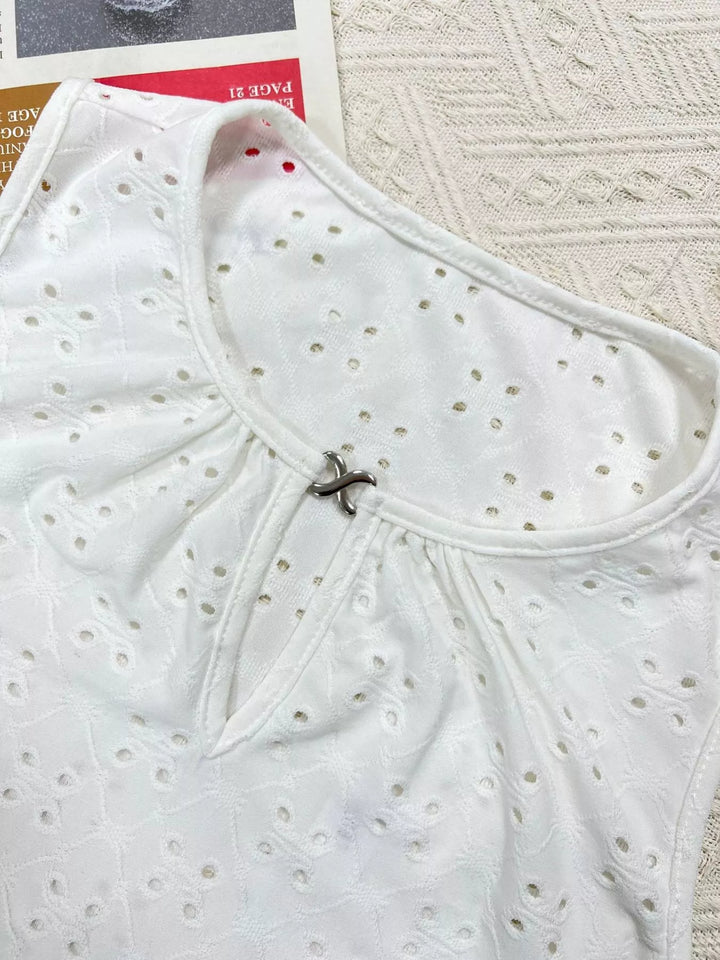 Eyelet sleeveless cami with keyhole neckline and metal ring accent