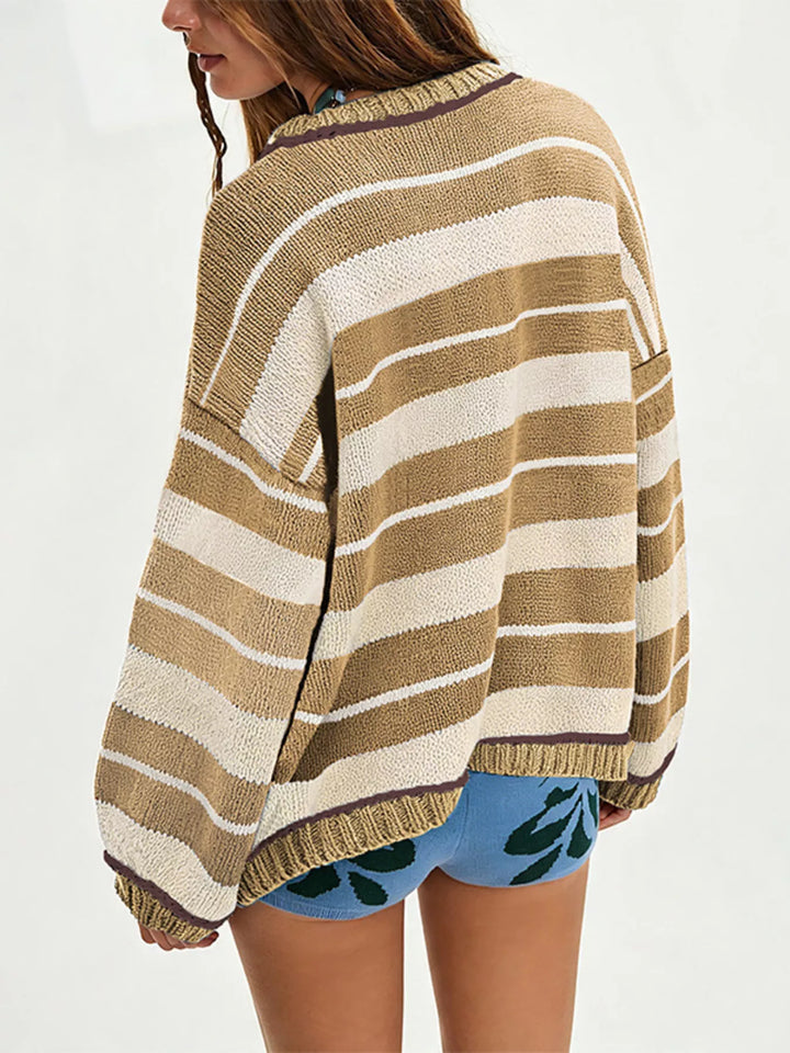 Oversized striped knit crew neck sweater with ribbed trim
