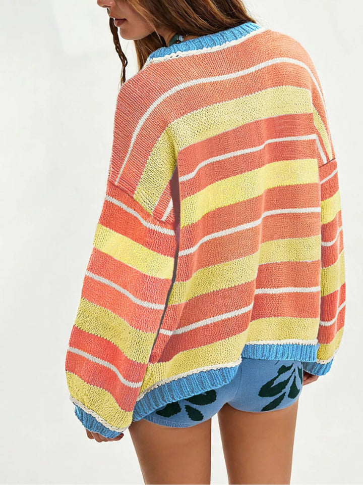 Oversized striped knit crew neck sweater with ribbed trim