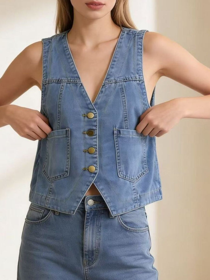 Light Blue Button-down denim vest with patch pockets
