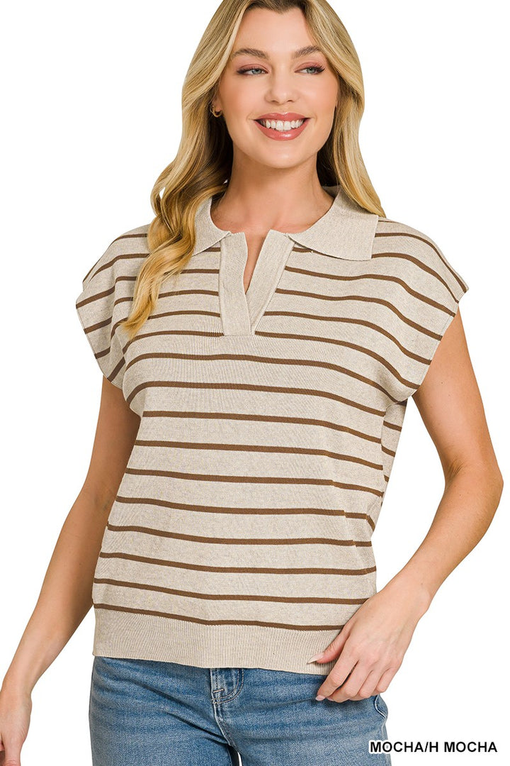 MOCHA/H MOCHA Striped polo collar sweater vest with cap sleeves