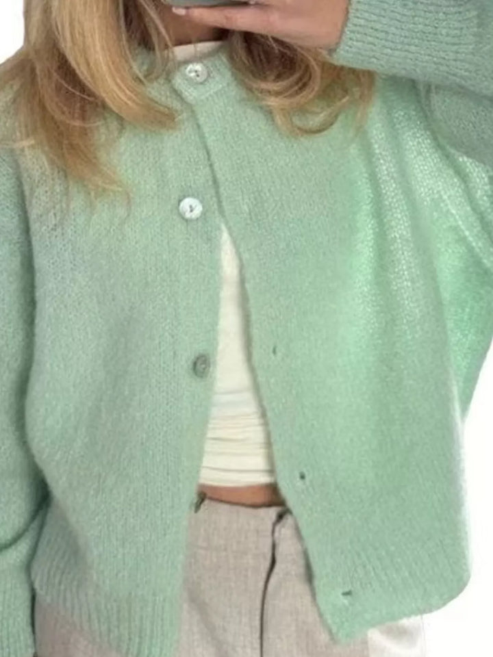 Button-front brushed knit cardigan with ribbed trim