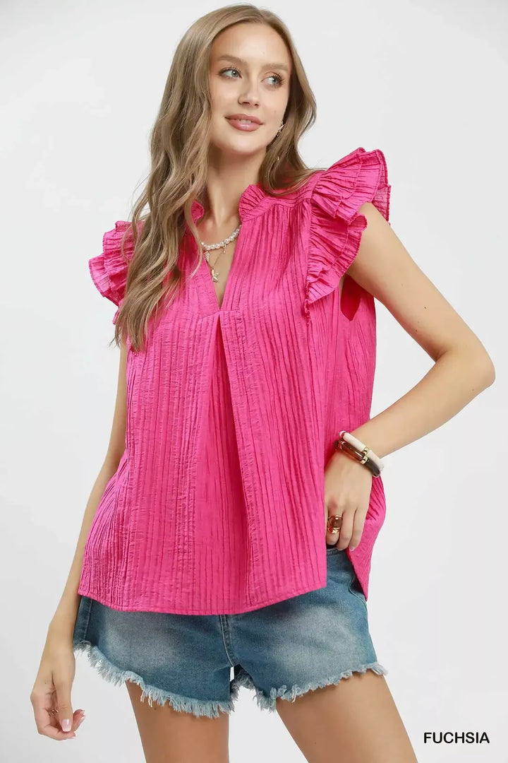 FUCHSIA Textured split V-neck blouse with ruffle cap sleeves