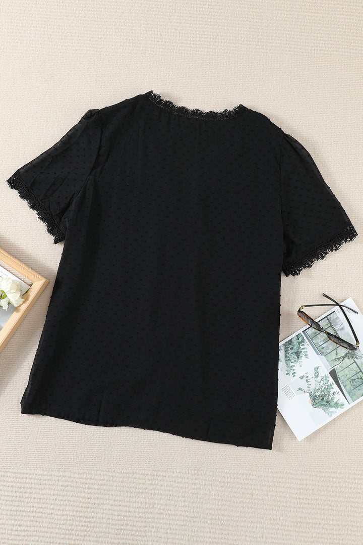 Plus size Swiss dot blouse with crochet lace V-neck