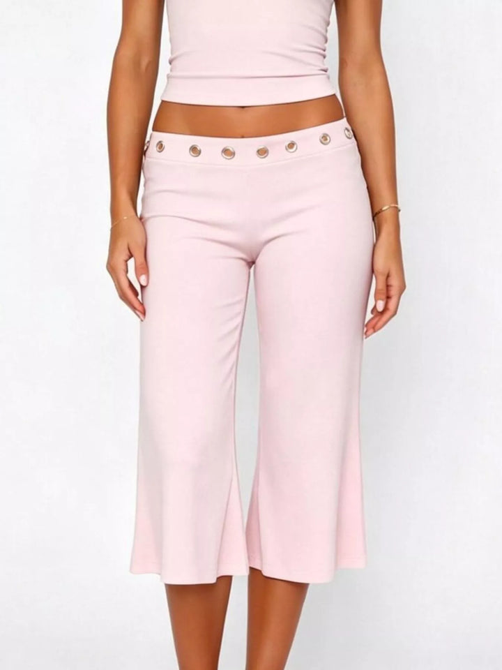 Mid-rise wide-leg capri pants with gold-button waistband