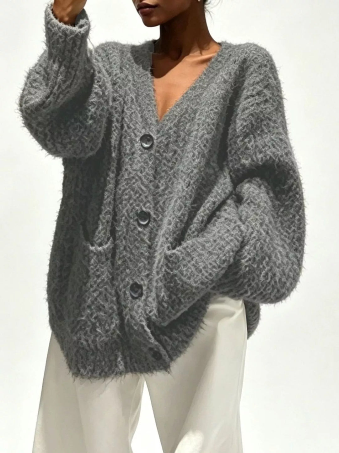 Dark Gray Fuzzy knit V-neck button-down cardigan with patch pockets