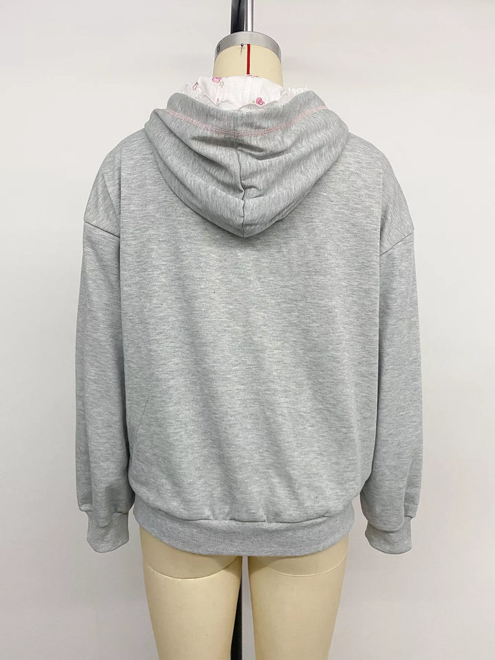Bow embroidered hoodie with lace trim and front pocket