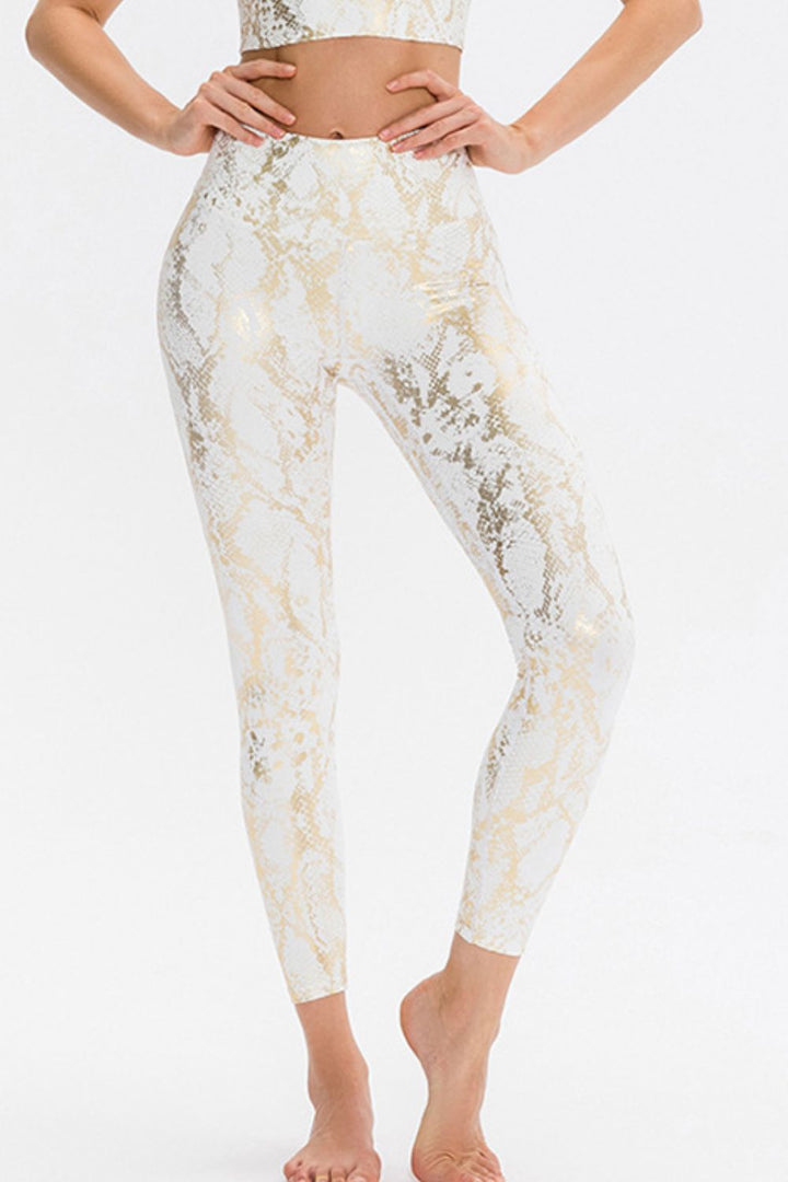 White Metallic snakeskin print wide waistband workout leggings
