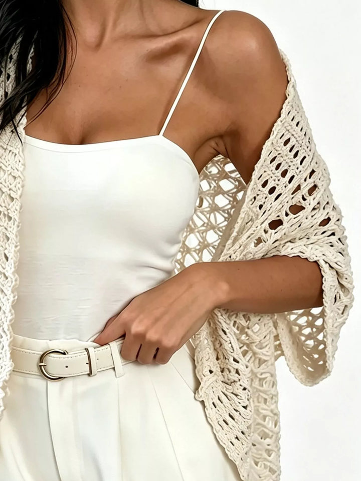 Open front crochet cardigan with elbow-length dolman sleeves