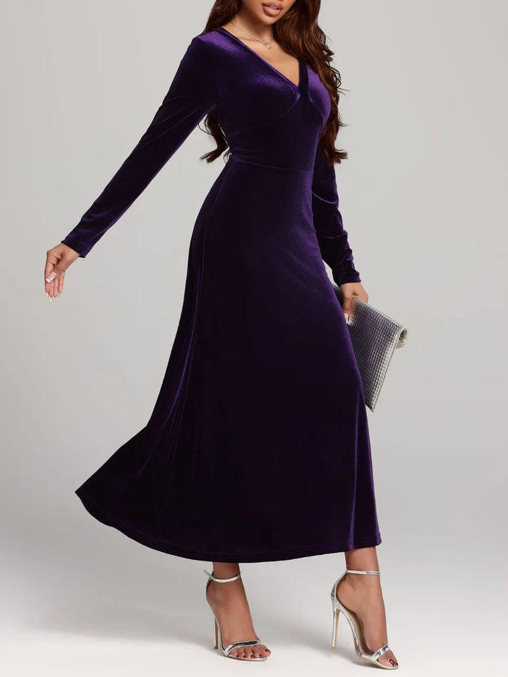 Surplice v-neck long sleeve velvet maxi dress