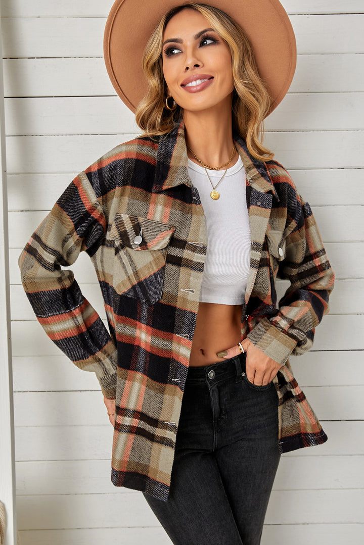Khaki Plaid button-down shacket with flap chest pockets