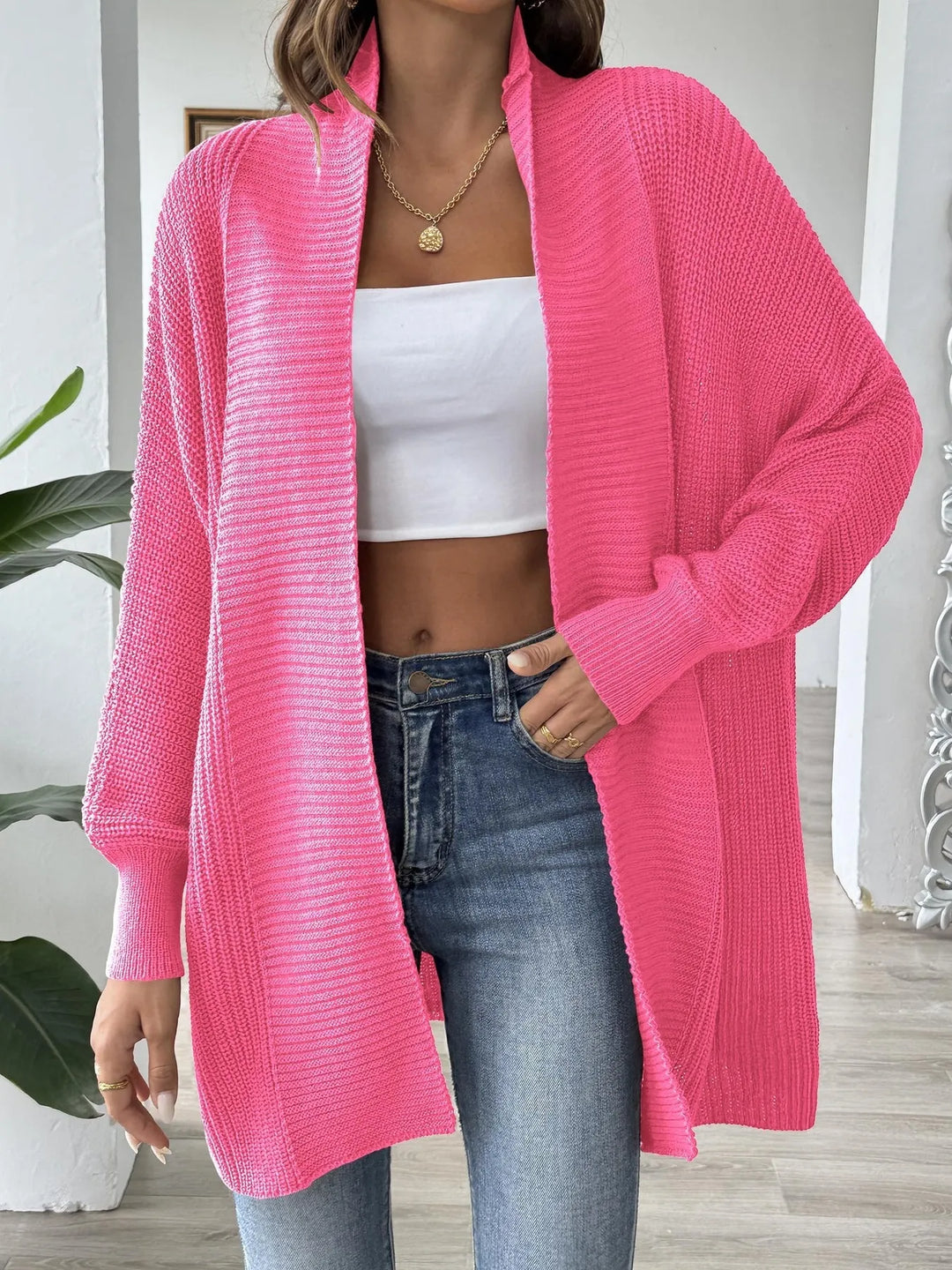 Hot Pink Waffle knit open front cardigan with dolman sleeves