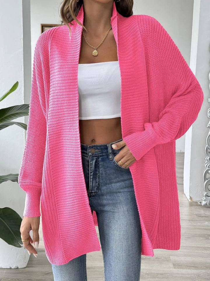 Hot Pink Waffle knit open front cardigan with dolman sleeves