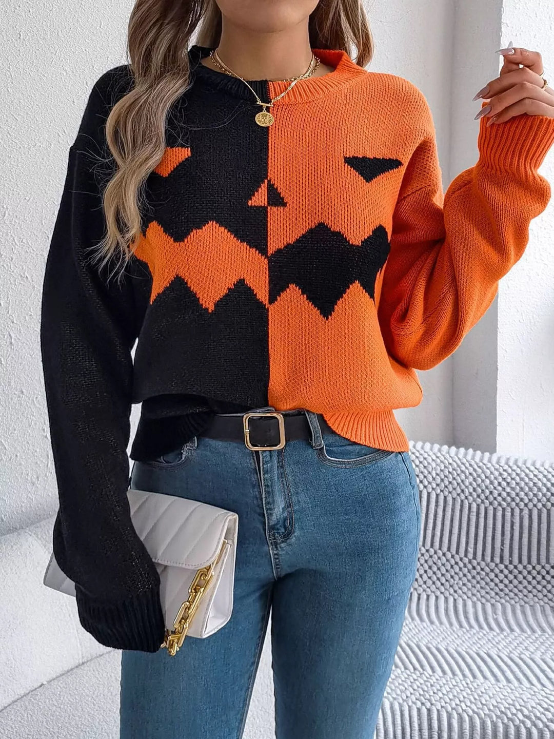 Pumpkin face color block knit pullover sweater