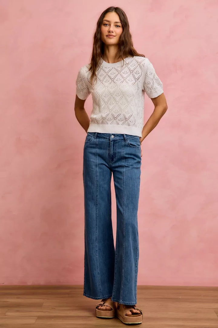 Mid-rise wide-leg jeans with front center seam