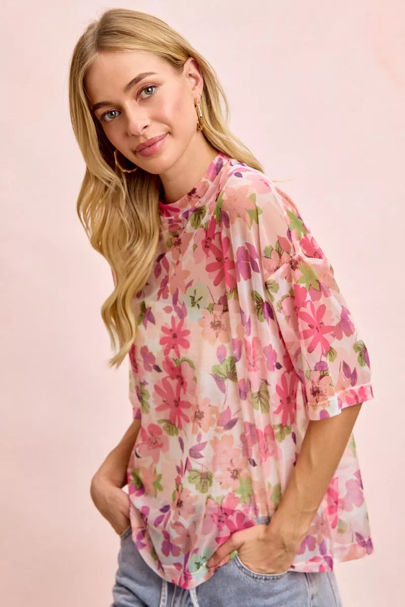Sheer floral mesh boxy top with short sleeves