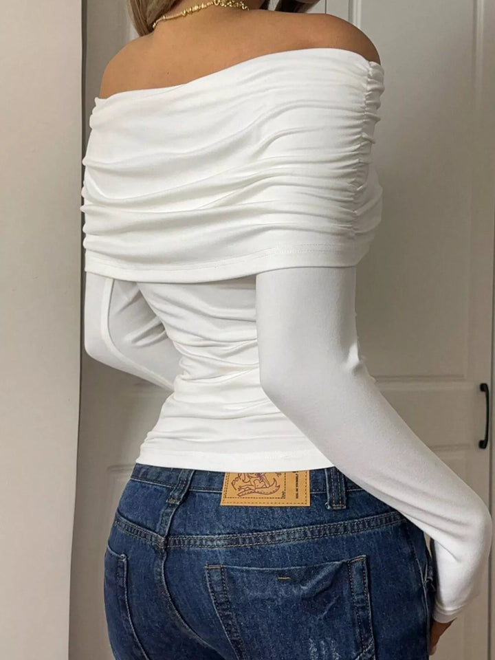 Off-shoulder ruched long sleeve fitted top