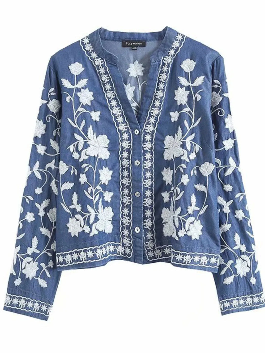 Floral embroidered button-up denim shirt