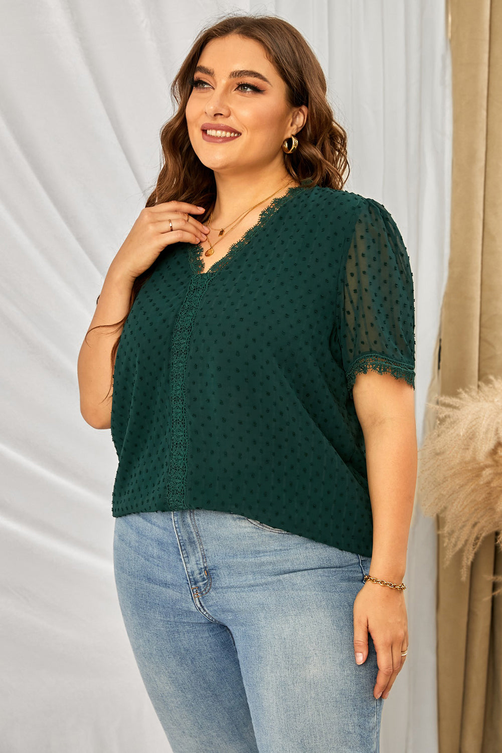 Plus size Swiss dot blouse with crochet lace V-neck