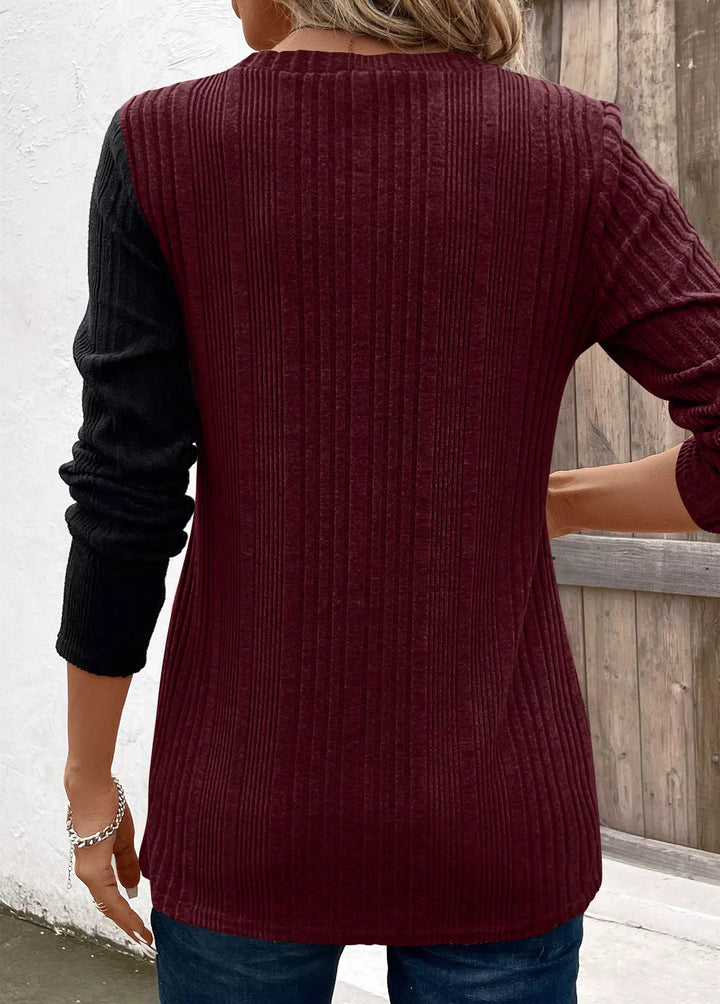 Color block ribbed knit top with button trim