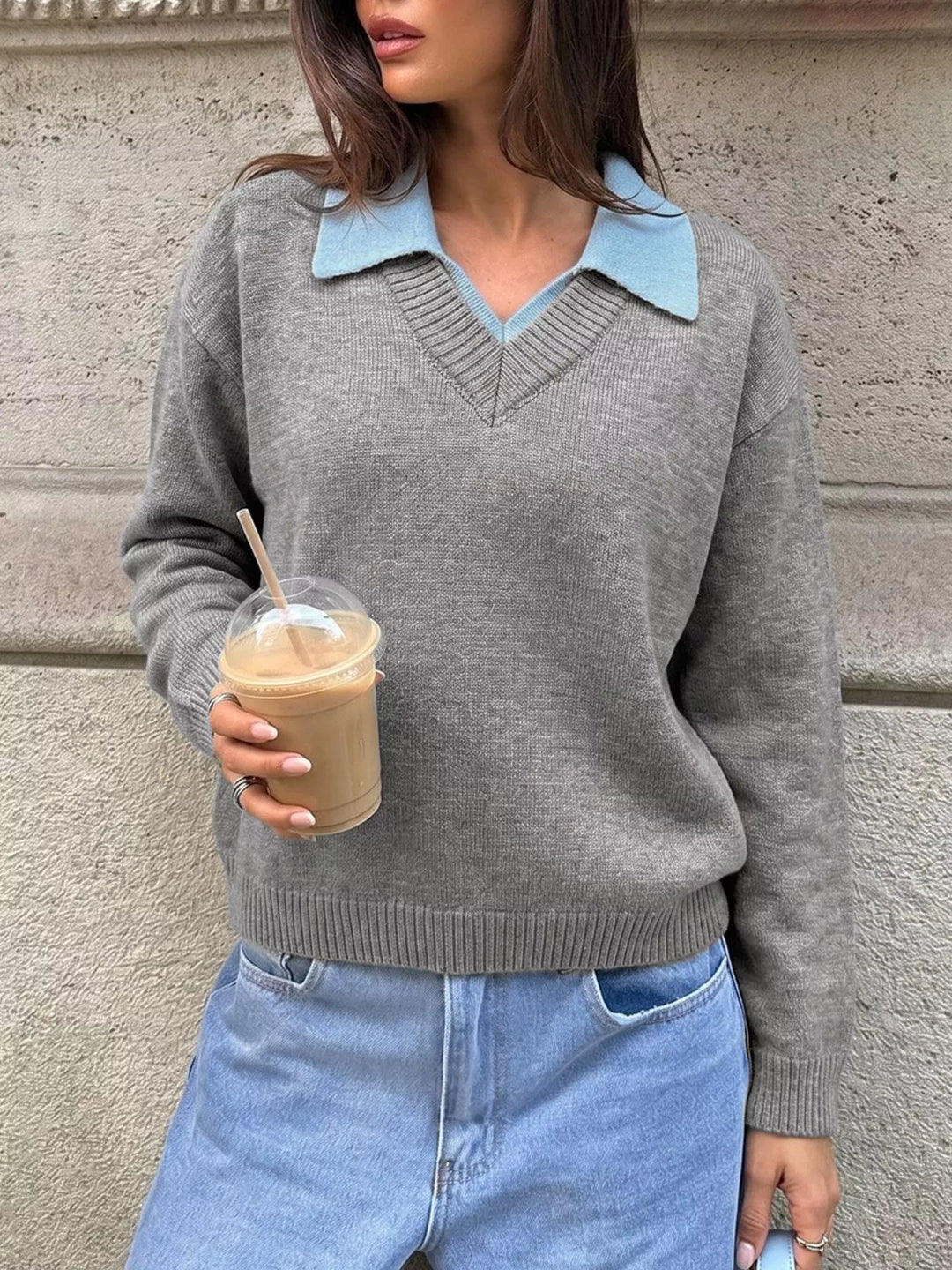 Gray Contrast collar dropped shoulder V-neck sweater