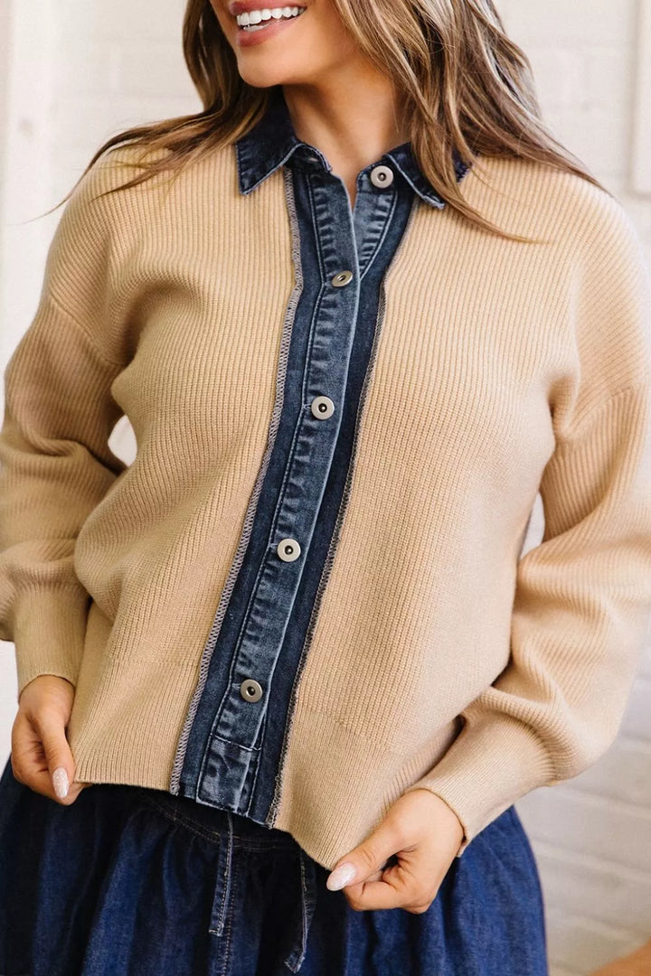 Ribbed knit cardigan with denim collar and button placket