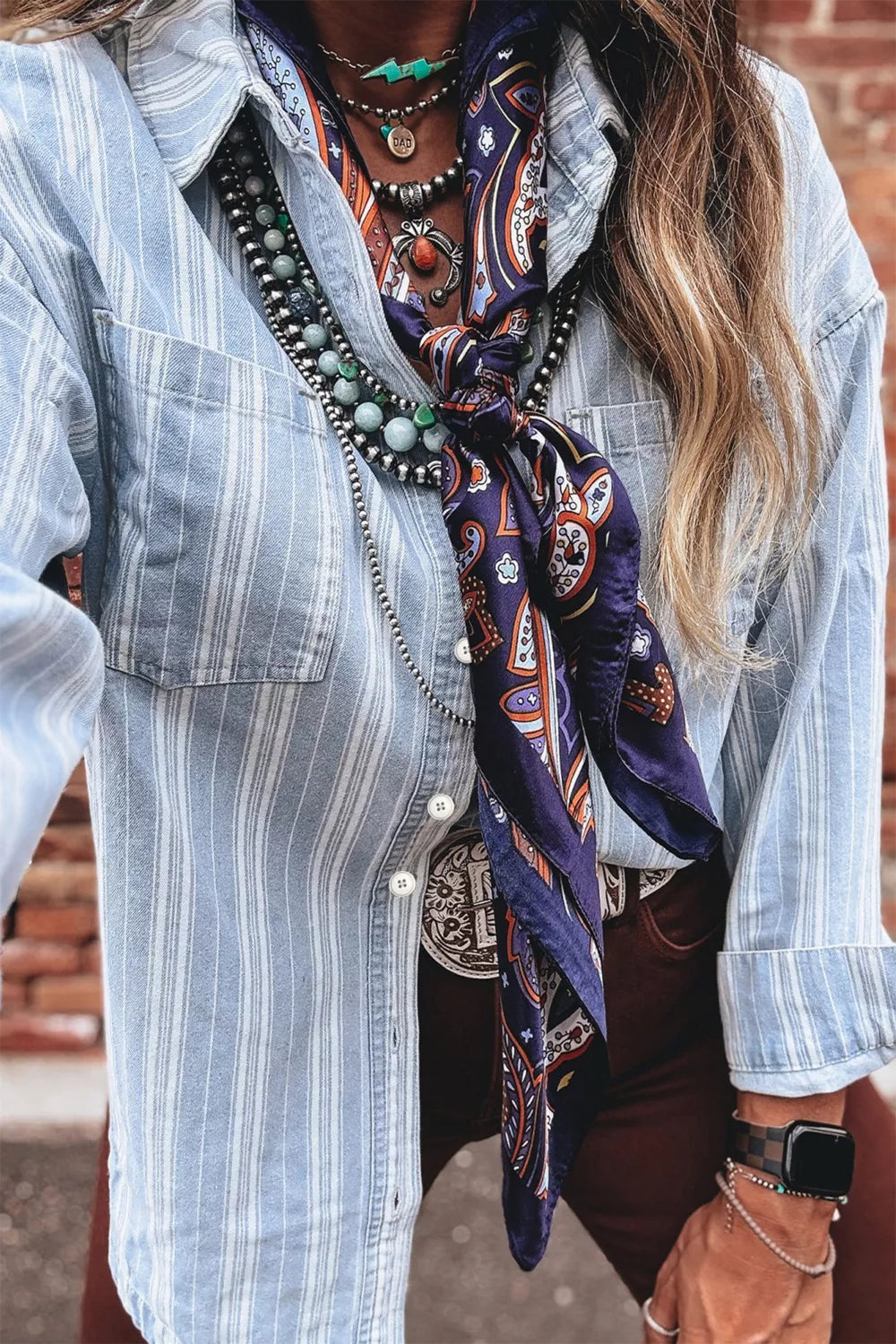Striped denim shacket with chest pockets and raw hem