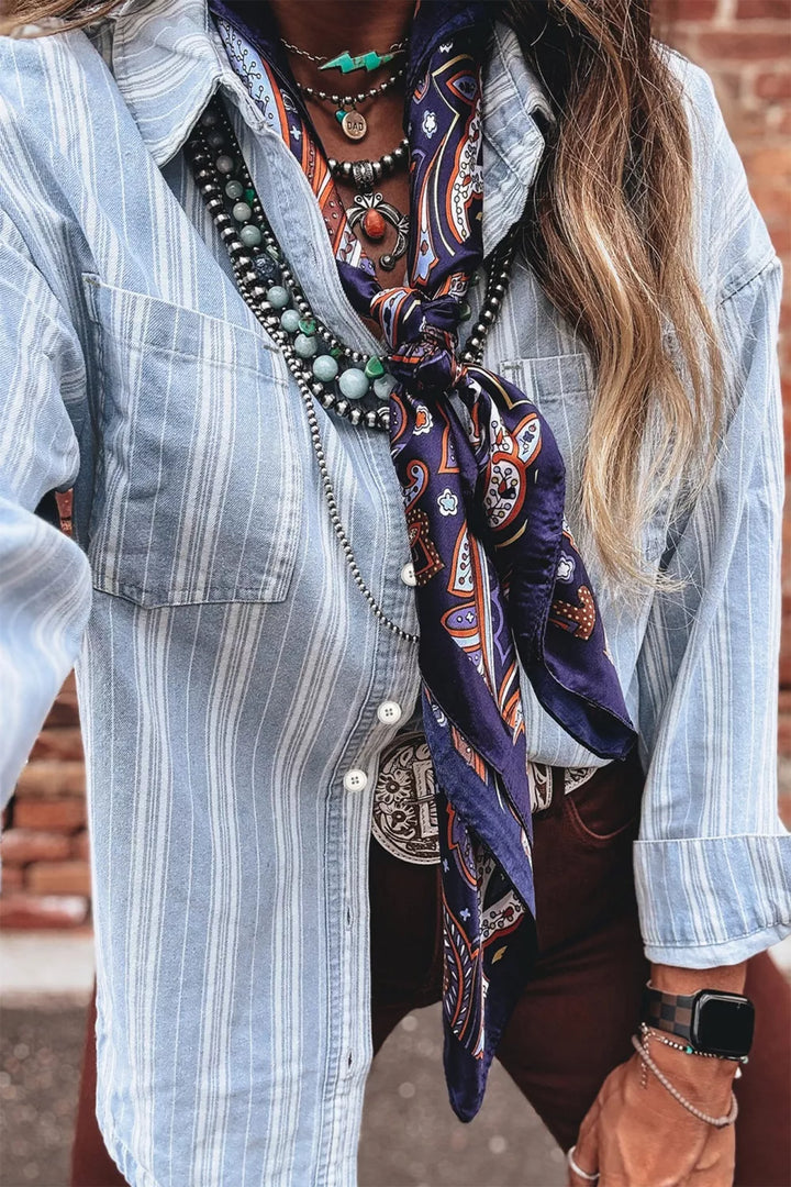 Striped denim shacket with chest pockets and raw hem