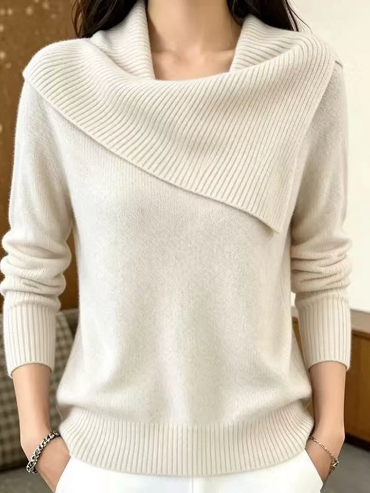 Beige Asymmetric foldover ribbed collar knit pullover sweater