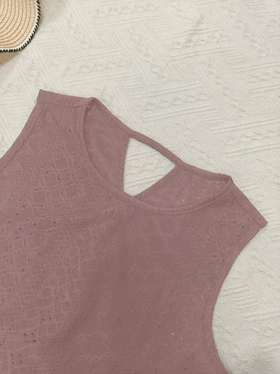 Eyelet openwork crew-neck tank with scalloped hem