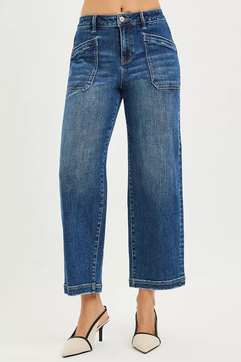Wide-leg cropped jeans with patch pockets and raw hem
