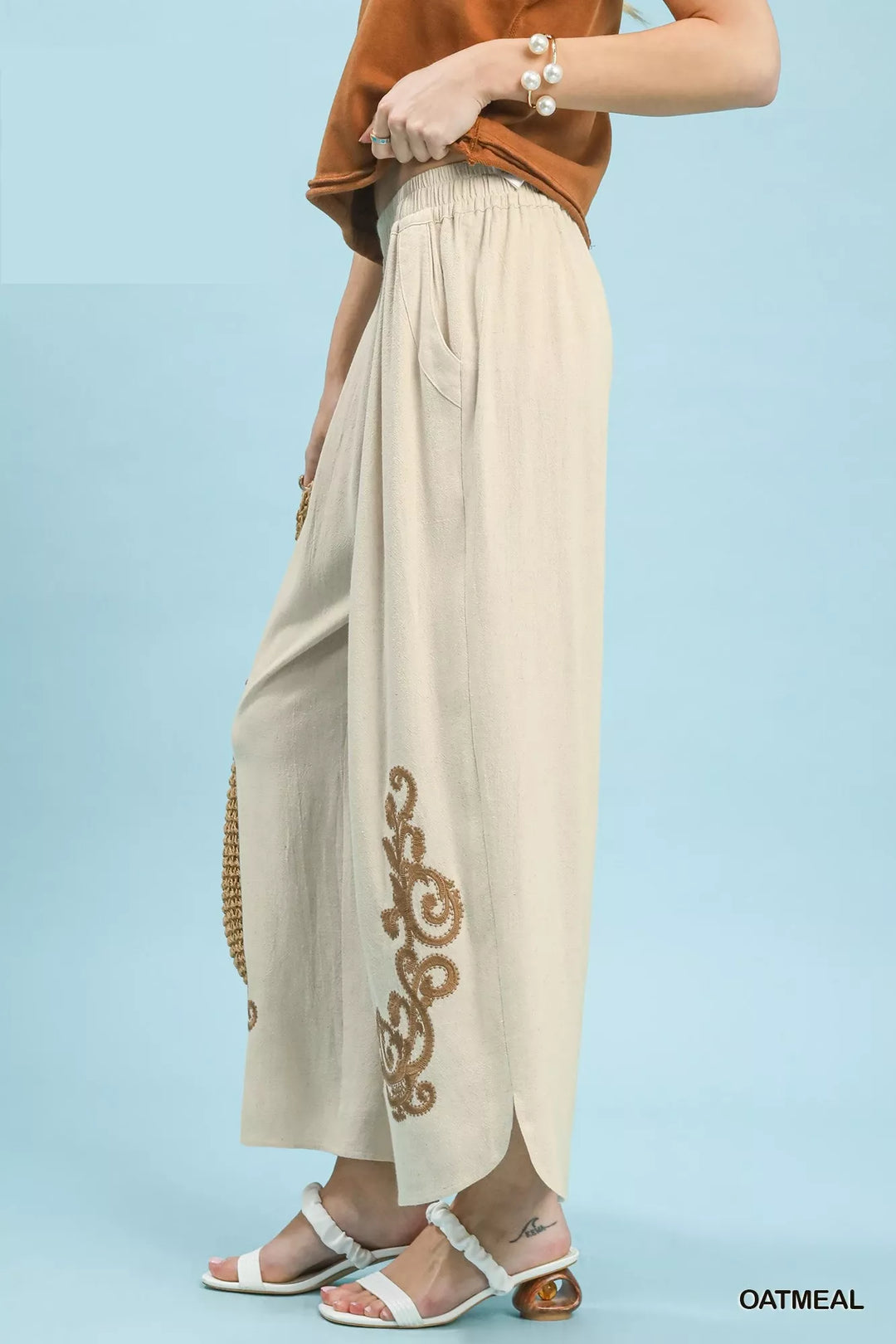 Embroidered wide-leg linen pants with elastic waist