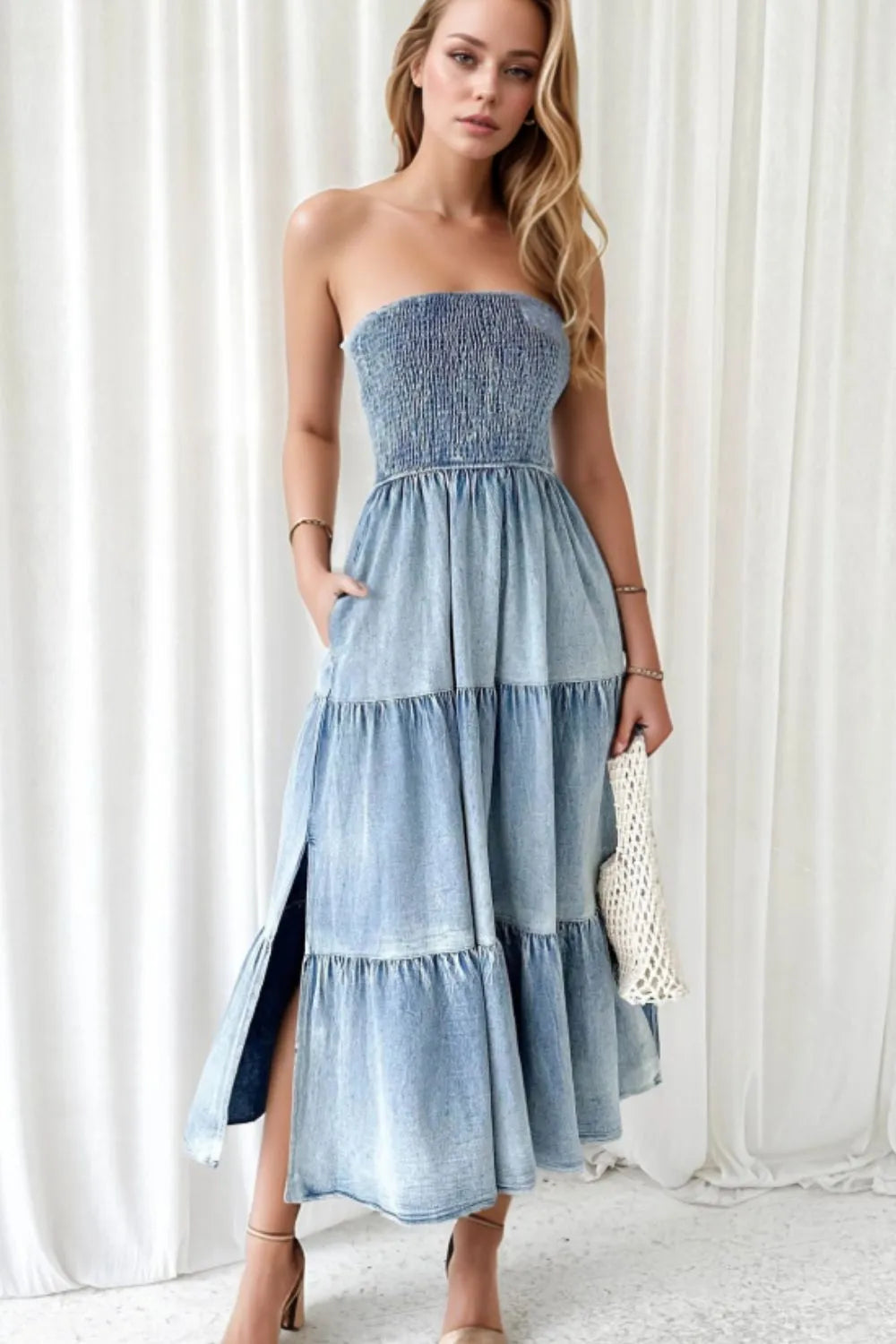 Smocked strapless tiered denim maxi dress with side slit