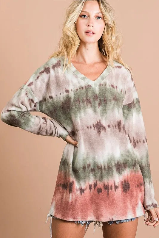 Brushed knit tie-dye V-neck long sleeve top
