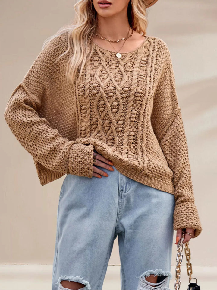 Cable knit drop shoulder sweater with boat neck