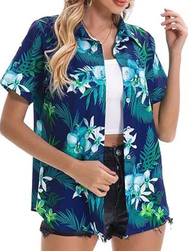 Dark Blue Tropical hibiscus print short sleeve button-up shirt