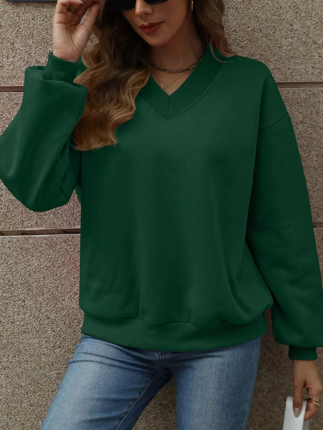 V-neck drop-shoulder pullover sweatshirt with ribbed trim
