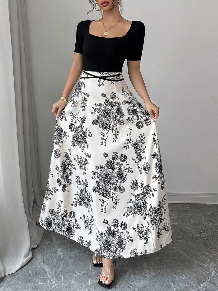 Square-neck floral print maxi dress with crisscross waist