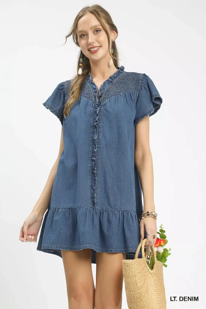LT. DENIM Ruffled denim mini dress with smocked yoke and flutter sleeves