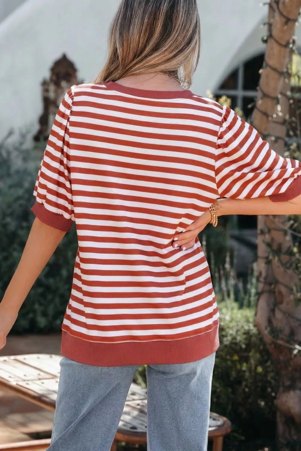 Striped puff sleeve top with crew neck and ribbed hem