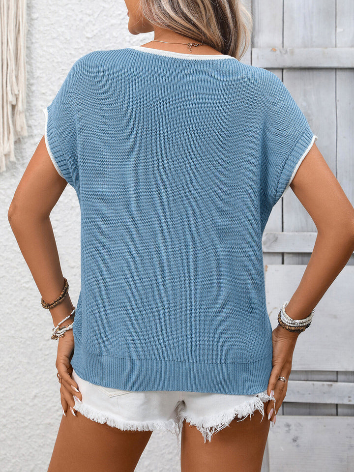 Ribbed contrast trim short sleeve sweater top