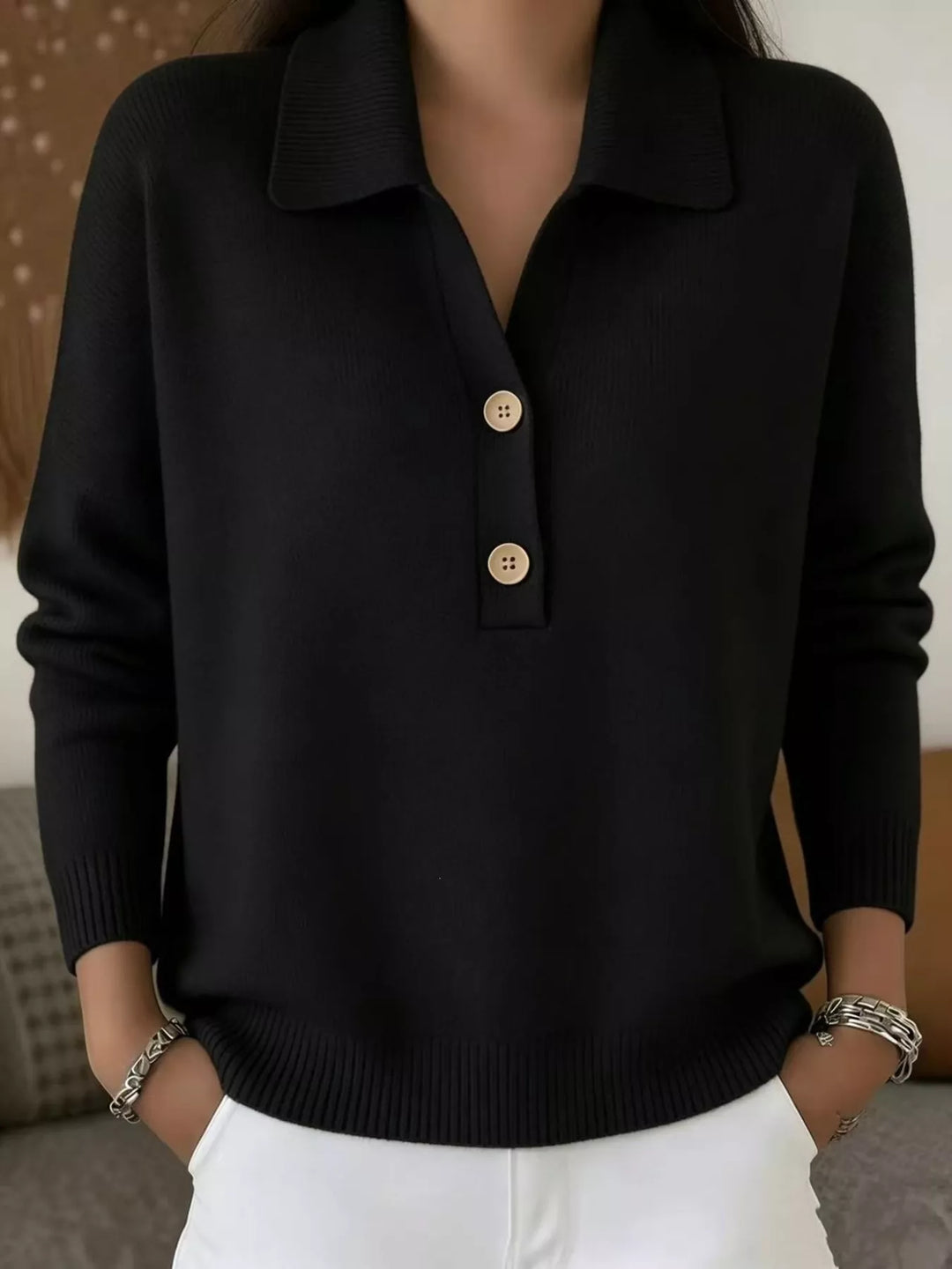 Black Collared button-placket long sleeve knit polo sweater
