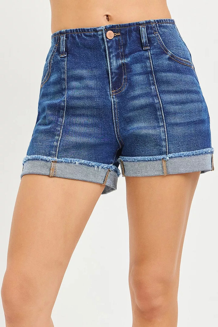 DARK Slouchy high-rise denim shorts with cuffed raw hem