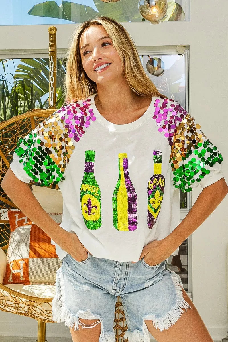 Sequin Mardi Gras bottles graphic tee with paillette sleeves